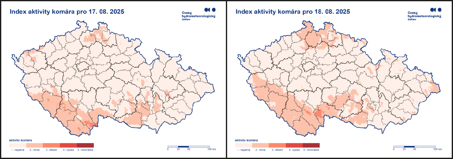 Aktivita komárů 17. a 18. 8. 2025