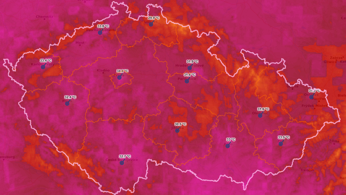 Čtvrteční teplotní maxima podle modelu Aladin.