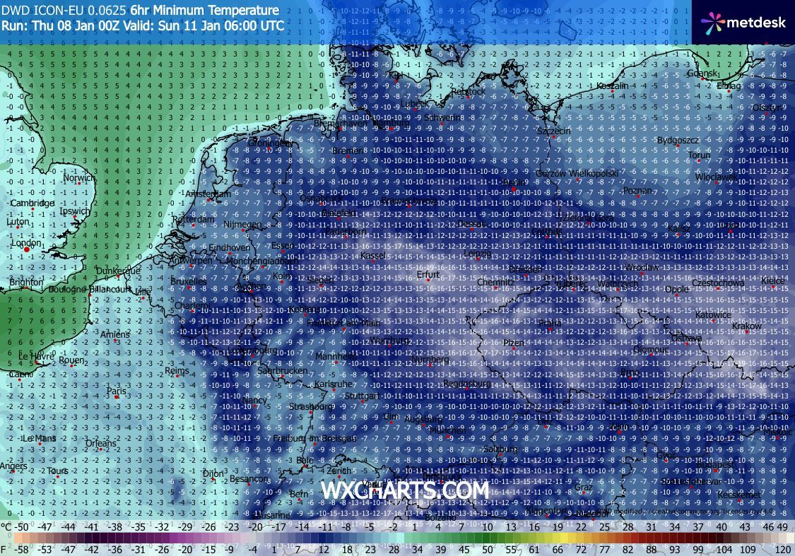 Minimální teploty během ranních hodin dne 11. 1. 2026 ve střední Evropě (Zdroj: ICON/WXcharts).com