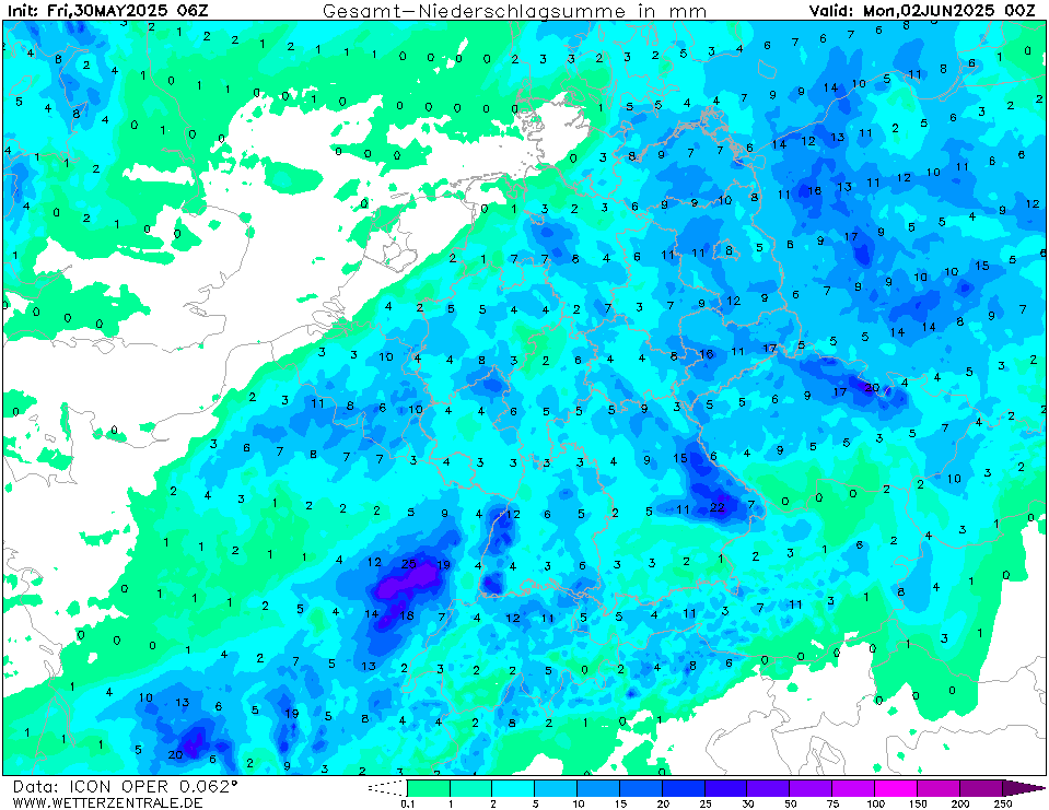 Obr. 4: Celkový úhrn srážek nad Českem do pondělní půlnoci. Model nedokáže zcela vystihnout lokální intenzitu bouřek. Zdroj: Wetterzentrale.de