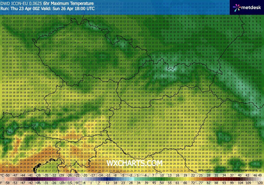 Obr. 3: Maxima během nedělního dne. Zdroj: WXcharts.com