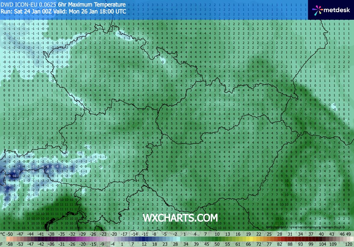Obr. 2: Maximální teplota nad částí Evropy v pondělí 26.1.2026. Zdroj: WXcharts.com