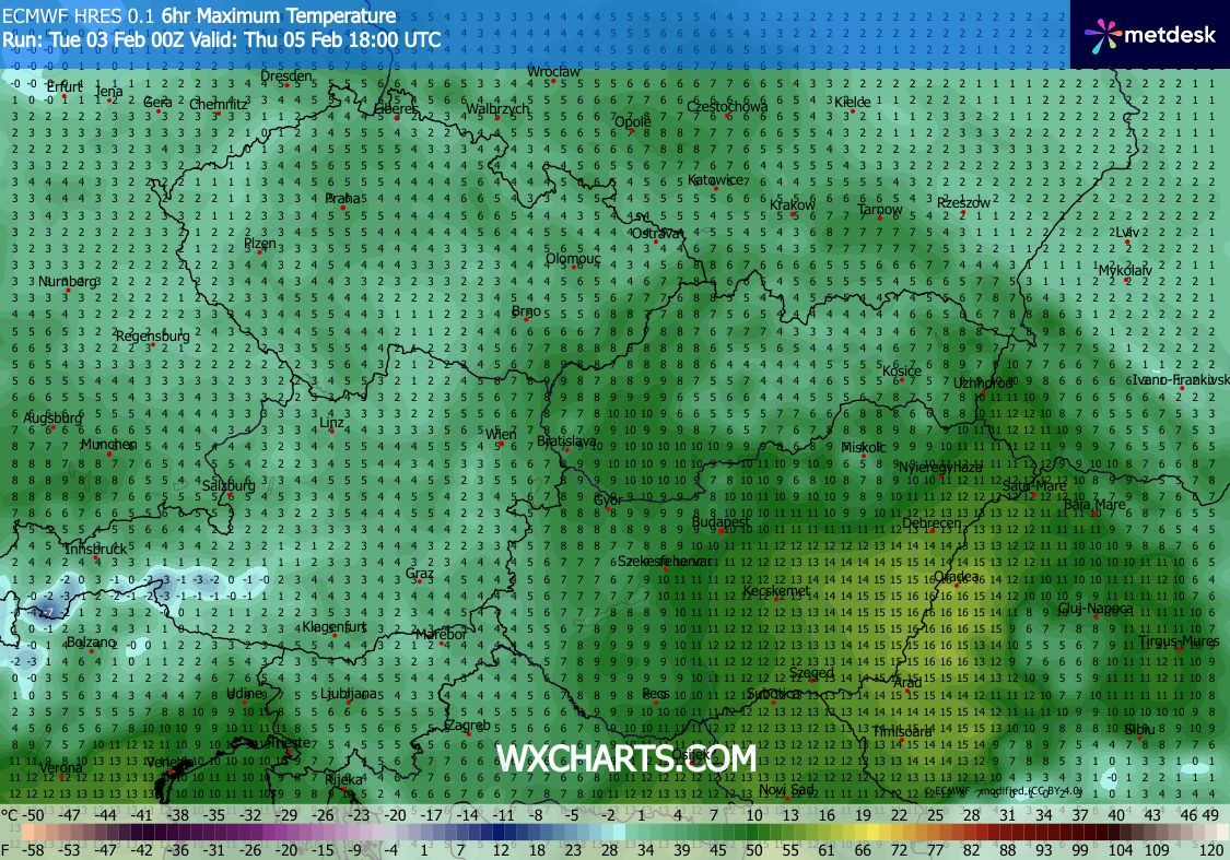 Obr. 4: Maximální teploty během čtvrtka nad částí Evropy a Česka. Zdroj: WXcharts.com