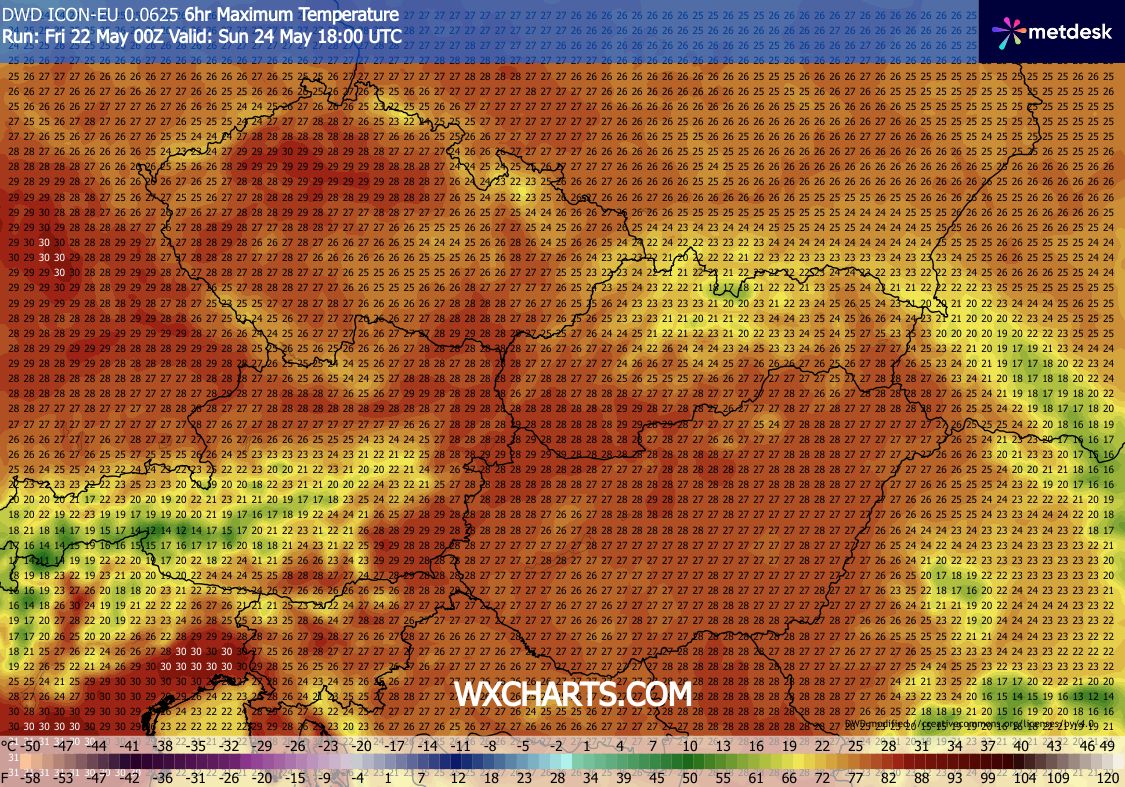 Obr. 2: Maximální teploty v neděli nad částí Evropy včetně Česka. Zdroj: WXcharts.com