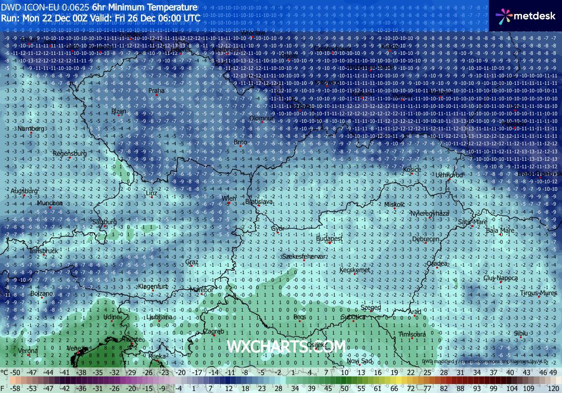 Obr. 3: Minimální teplota během rána 26. prosince. Zdroj: WXcharts.com