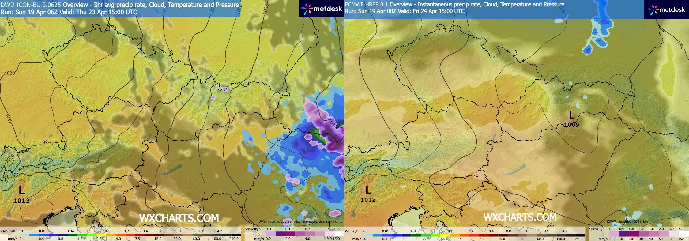 Obr. 4: Množství oblačnosti nad Českem ve čtvrtek (vlevo) a v pátek (vpravo) odpoledne. Zdroj: WXcharts.com