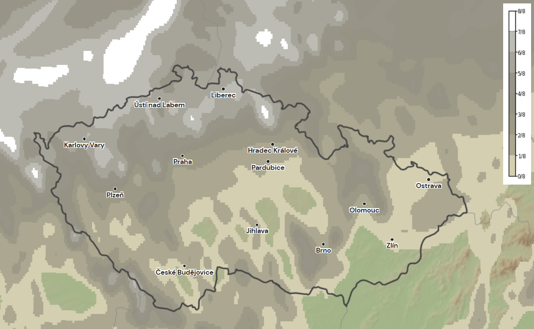 Obr. 3: Množství oblačnosti v neděli odpoledne nad Českem. Zdroj: Aladin/Meteocentrum