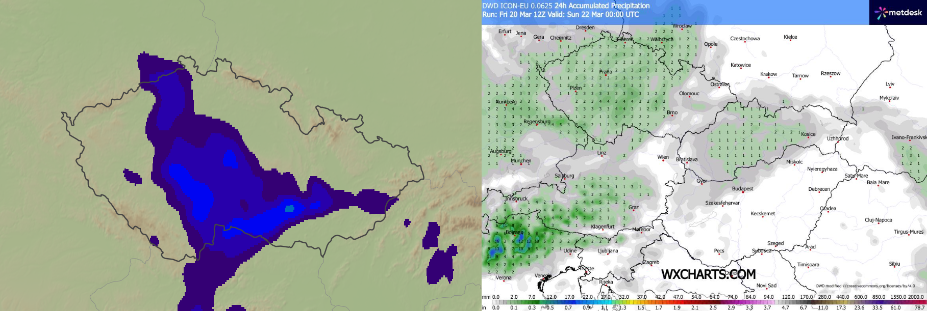 Obr. 1: Množství srážek kolem 11. hodiny dopoledne a jejich celkový úhrn do půlnoci na neděli. Zdroj: Aladin/Meteocentrum, WXcharts.com
