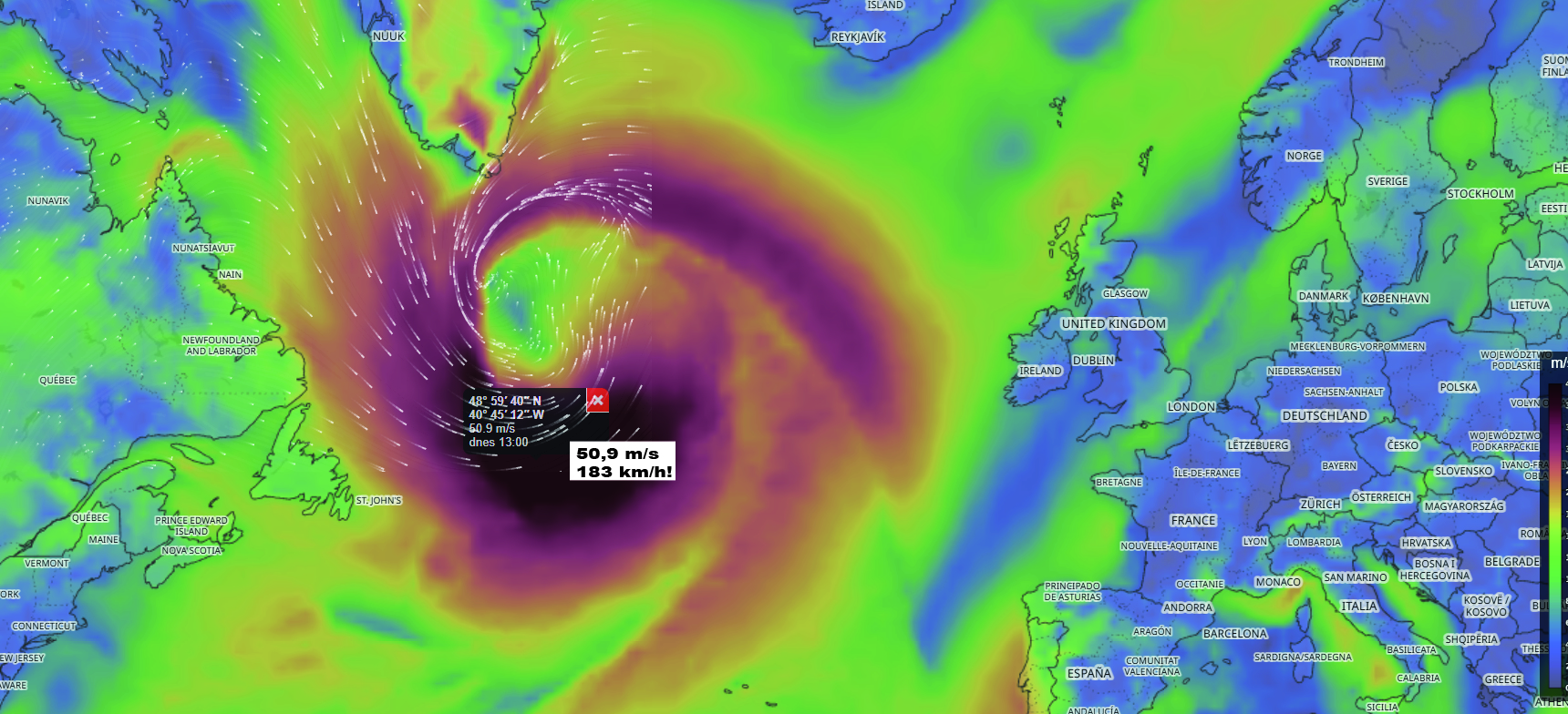 Obr. 4: Náš model předpokládal dosažení nedaleko Newfoundlandu nárazu větru až 51 m/s, což je cca 183 km/h! (zdroj: Mapy Meteocentrum)