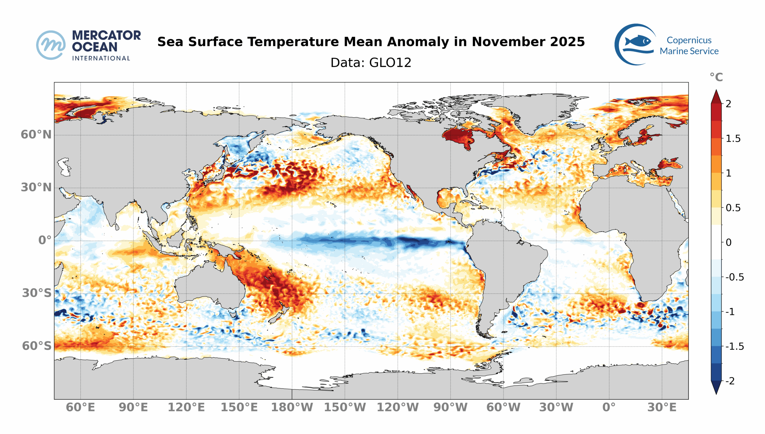 Obr. 3: Odchylka povrchové teploty oceánu v listopadu 2025 v porovnání s průměrem za roky 1993-2022. Zdroj: Copernicus Marine Service Data 2025 © Mercator Ocean