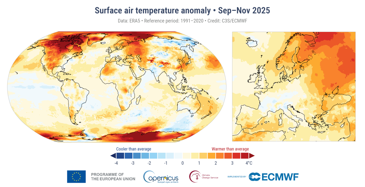 Obr. 1: Odchylka teploty u povrchu země na celém světě za období září do listopadu 2025. Zdroj: Copernicus Climate Change Service/ECMWF