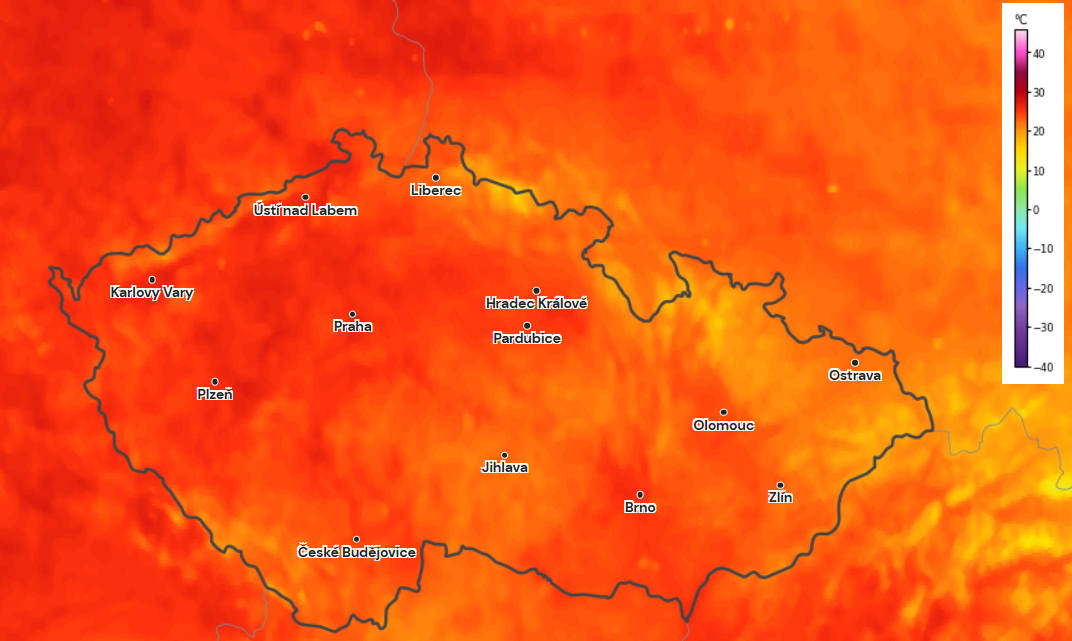 Obr. 1: Odpolední teplota během soboty v Česku. Zdroj: Aladin/Meteocentrum