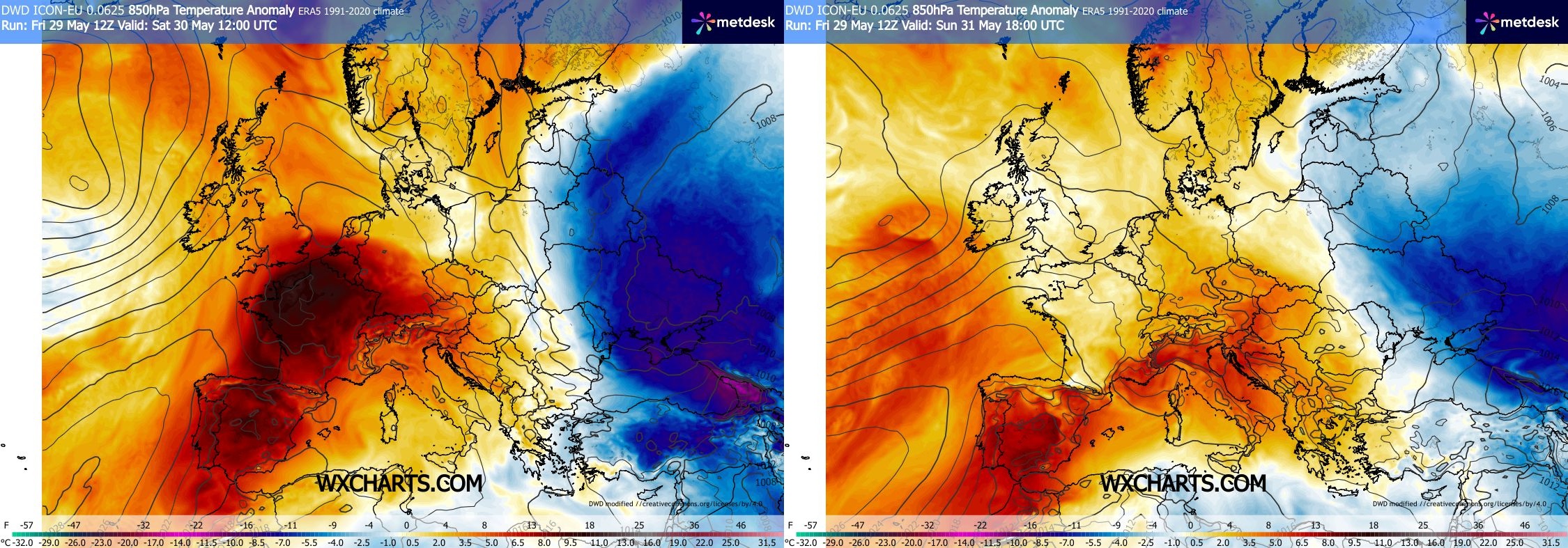 Obr. 1: Porovnání odchylky teploty v hladině 850 hPa (cca 1500 m n.m.) v sobotu poledne (vlevo) oproti nedělnímu večeru (vpravo). Zdroj: WXcharts.com
