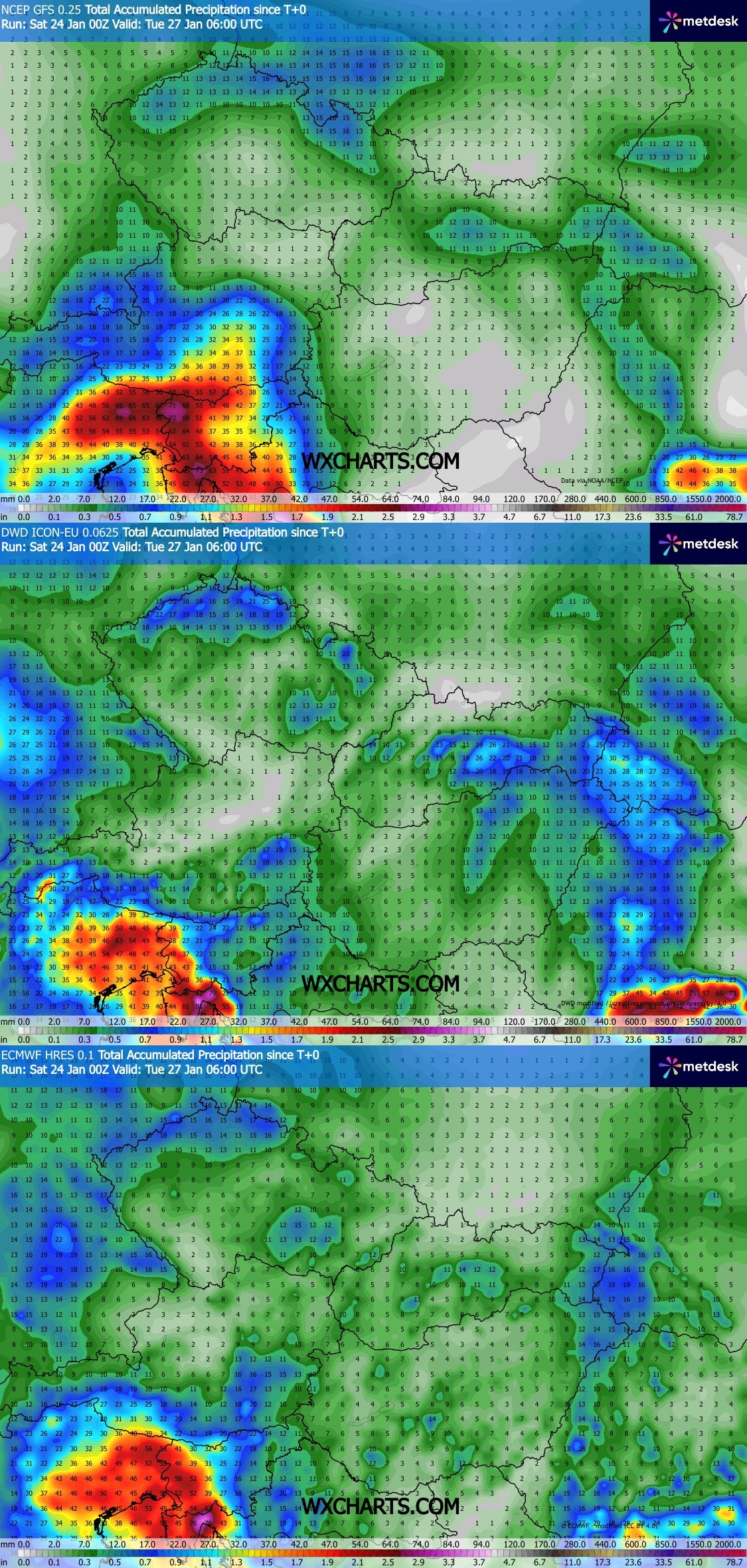 Obr. 3: Porovnání výstupů modelů ICON, GFS, ECMWF a GEM na akumulaci srážek do úterního rána. Zdroj: WXcharts.com