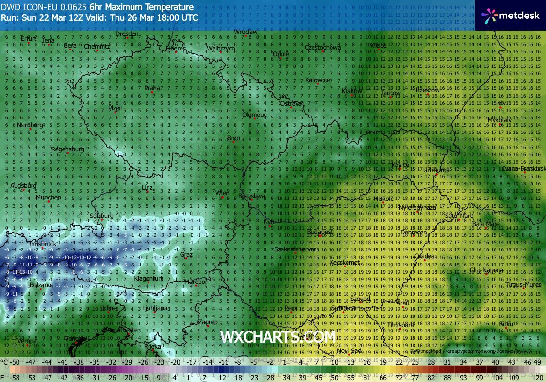 Obr. 4: Předpověď maximálních teplot ve čtvrtek po výrazném ochlazení. Zdroj: WXcharts.com