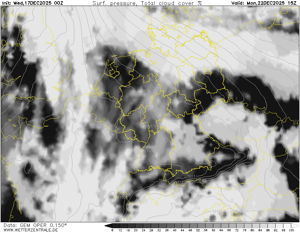 Obr. 5: Předpověď oblačnosti podle modelu GEM značí pokračování inverze v české kotlině (zdroj: GEM/Wetterzentrale.de)