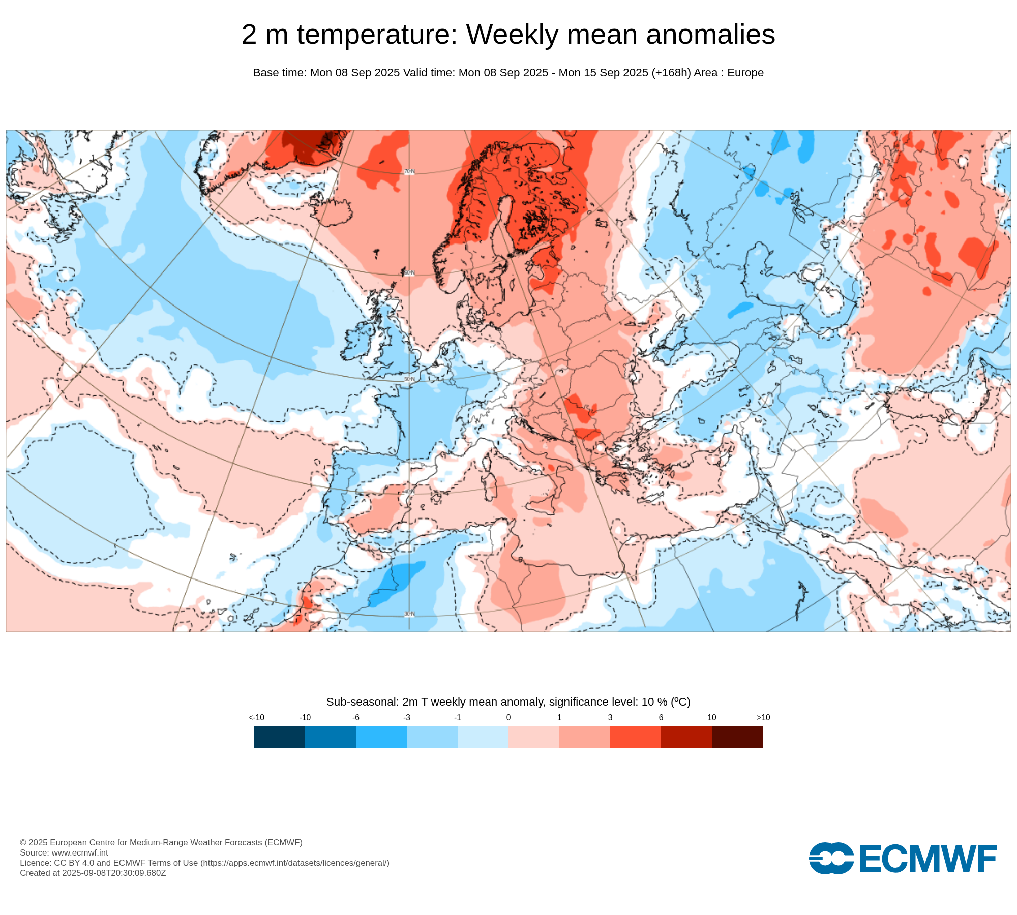 Obr. 1: Předpověď odchylky teploty ve 2 m pro období 8.9. do 15.9. Zdroj: ECMWF