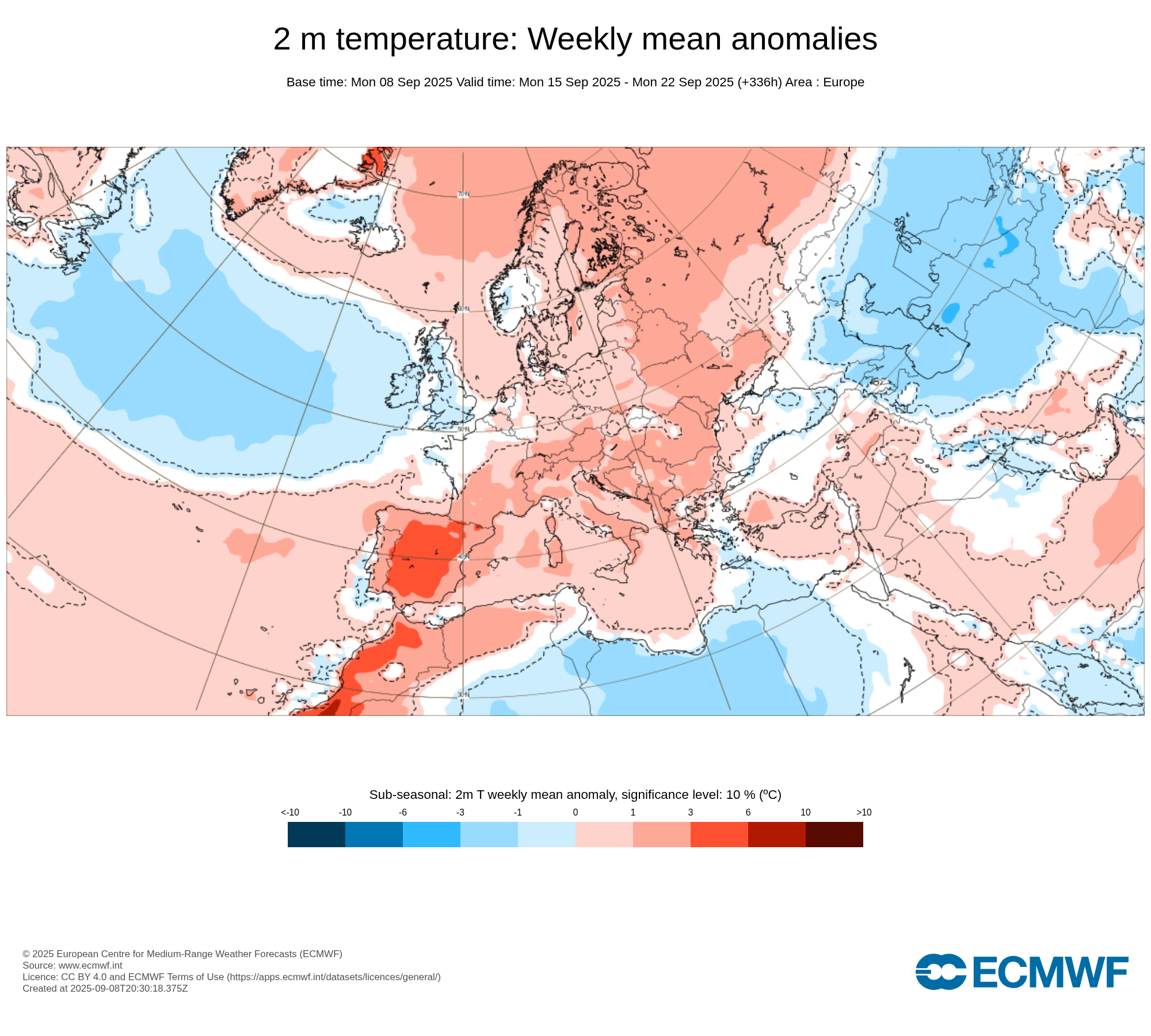 Obr. 2: Předpověď odchylky teploty ve 2 m pro období 15.9. do 22.9. Zdroj: ECMWF
