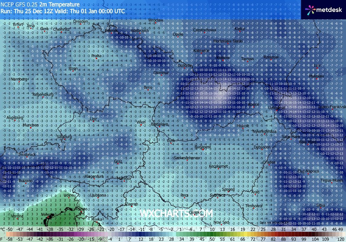 Obr. 3: Předpovídaná teplota o silvestrovské půlnoci nad střední Evropou. Zdroj: WXcharts.com