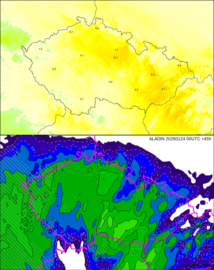 Obr. 1: Příchod srážek a teplota v neděli 25. 1. 2026 večer (zdroj: ALADIN/Meteocentrum)