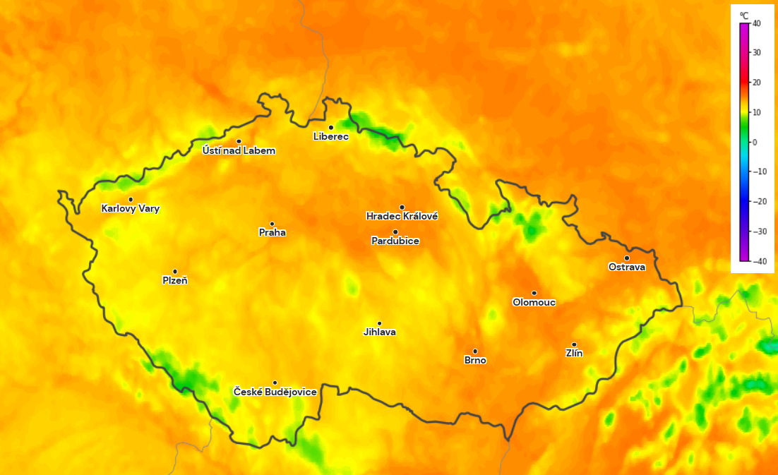 Obr. 1: Rozložení teplot v Česku během pondělního odpoledne. Zdroj: Aladin/Meteocentrum