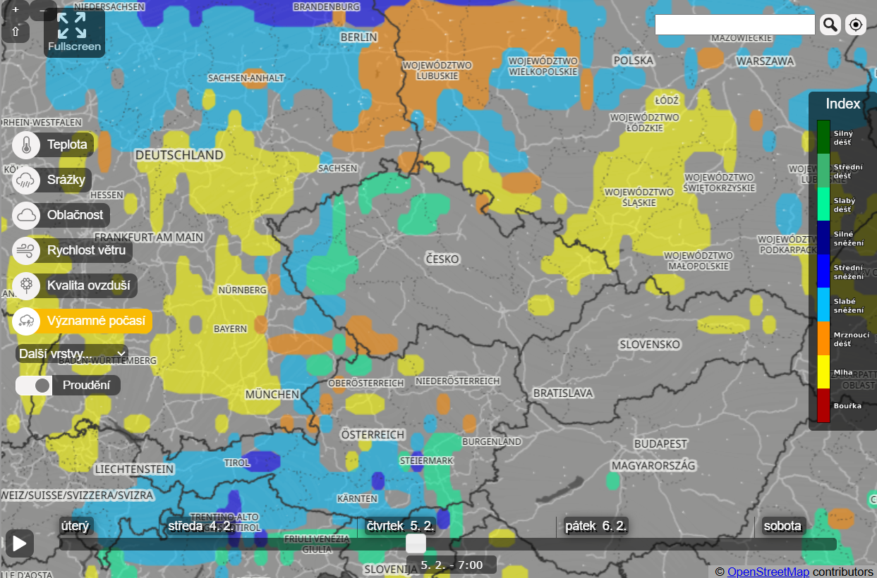 Obr. 2: Skupenství srážek v ranních čtvrtečních hodinách. Zdroj: Meteocentrum.cz