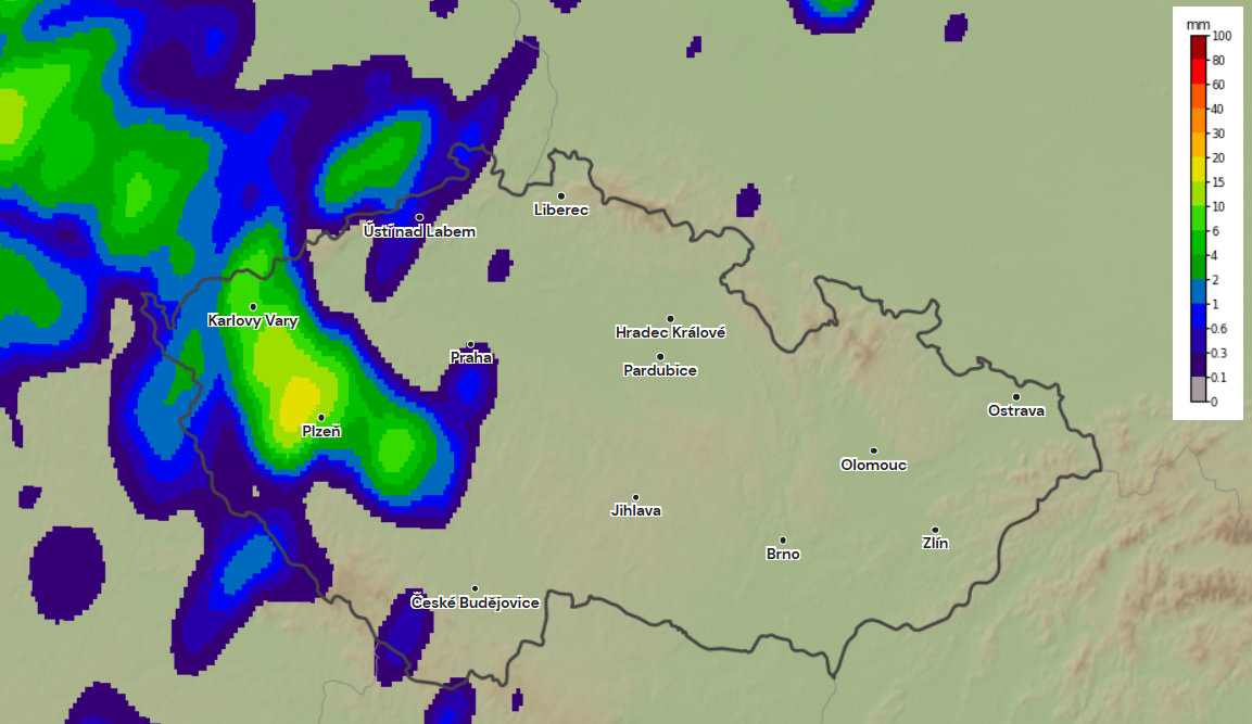 Obr. 2: Srážková činnost o půlnoci na středu nad Českem. Zdroj: Aladin/Meteocentrum