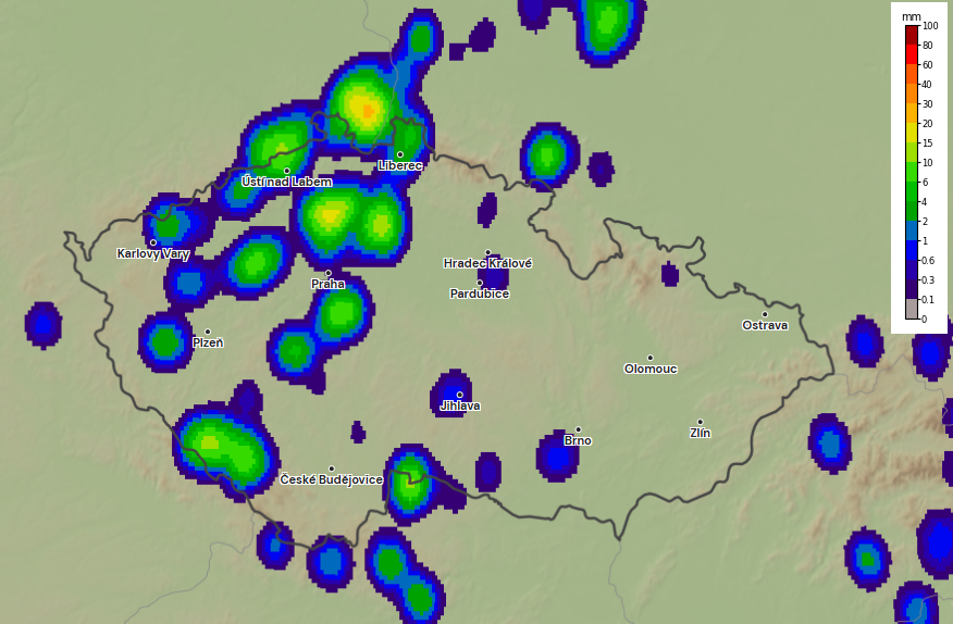 Obr. 2: Srážková činnost v pozdně odpoledních hodinách v Česku. Zdroj: Aladin/Meteocentrum