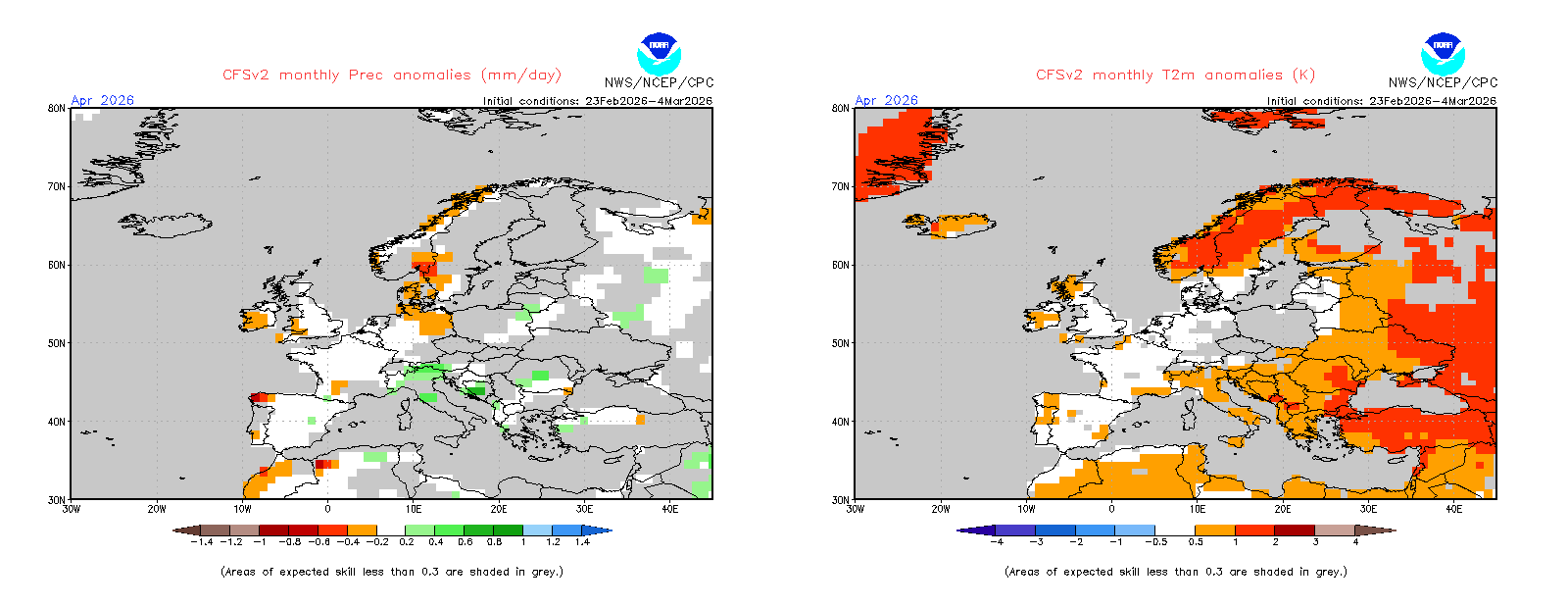 Obr. 4: Srážkový a teplotní výhled odchylky od normálu pro duben. Zdroj: CPC/NOAA