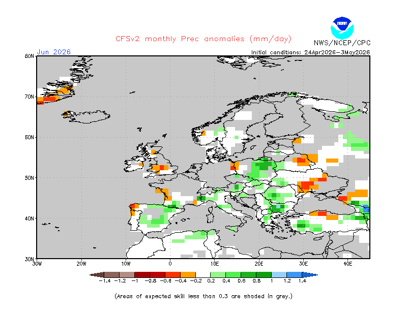 Obr. 4: Srážkový a teplotní výhled odchylky od normálu pro červen. Zdroj: CPC/NOAA