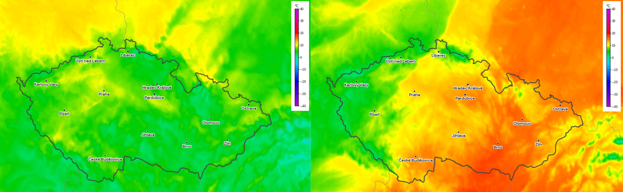 Obr. 1: Teplota během středečního rána a odpoledne, je krásně vidět předěl studené fronty. Zdroj: Aladin/Meteocentrum