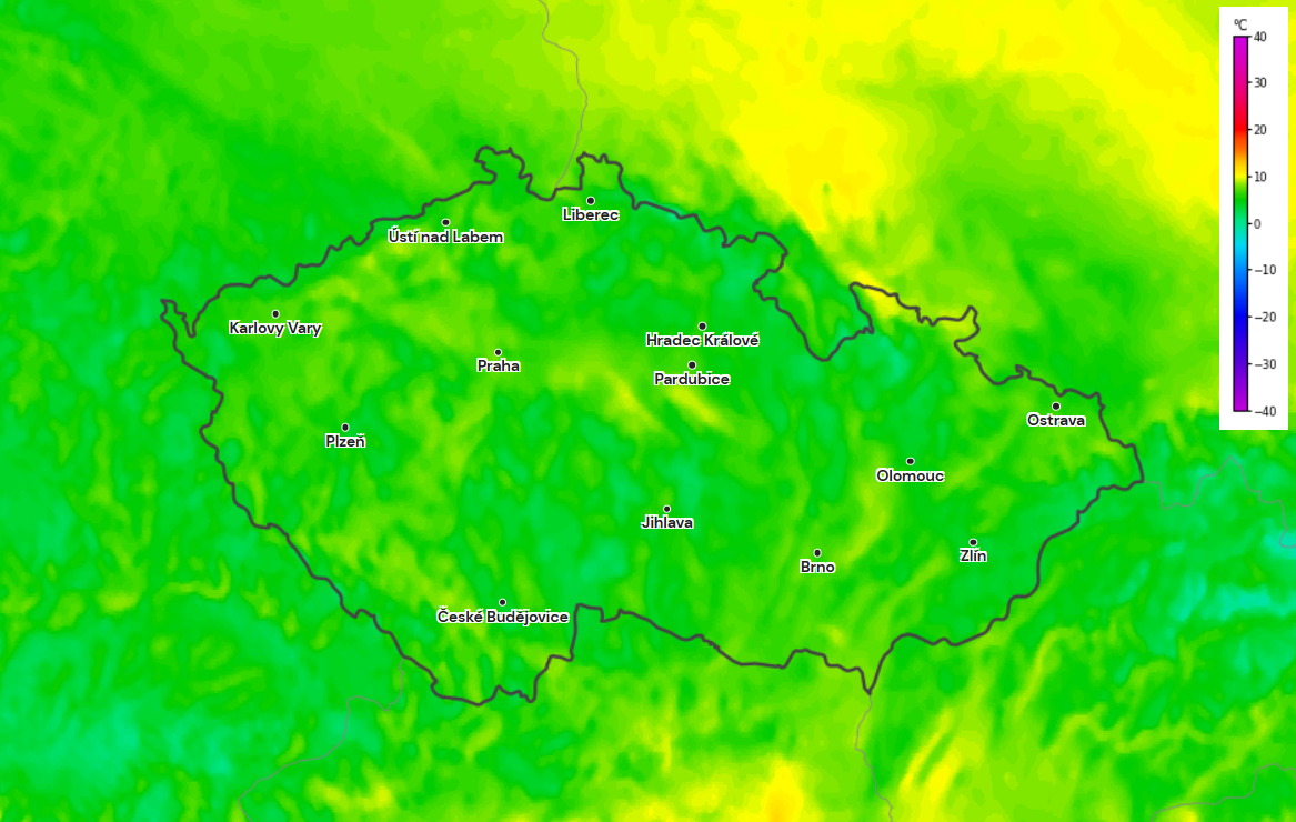 Obr. 1: Teplota v 6 ráno během soboty v Česku. Zdroj: Aladin/Meteocentrum