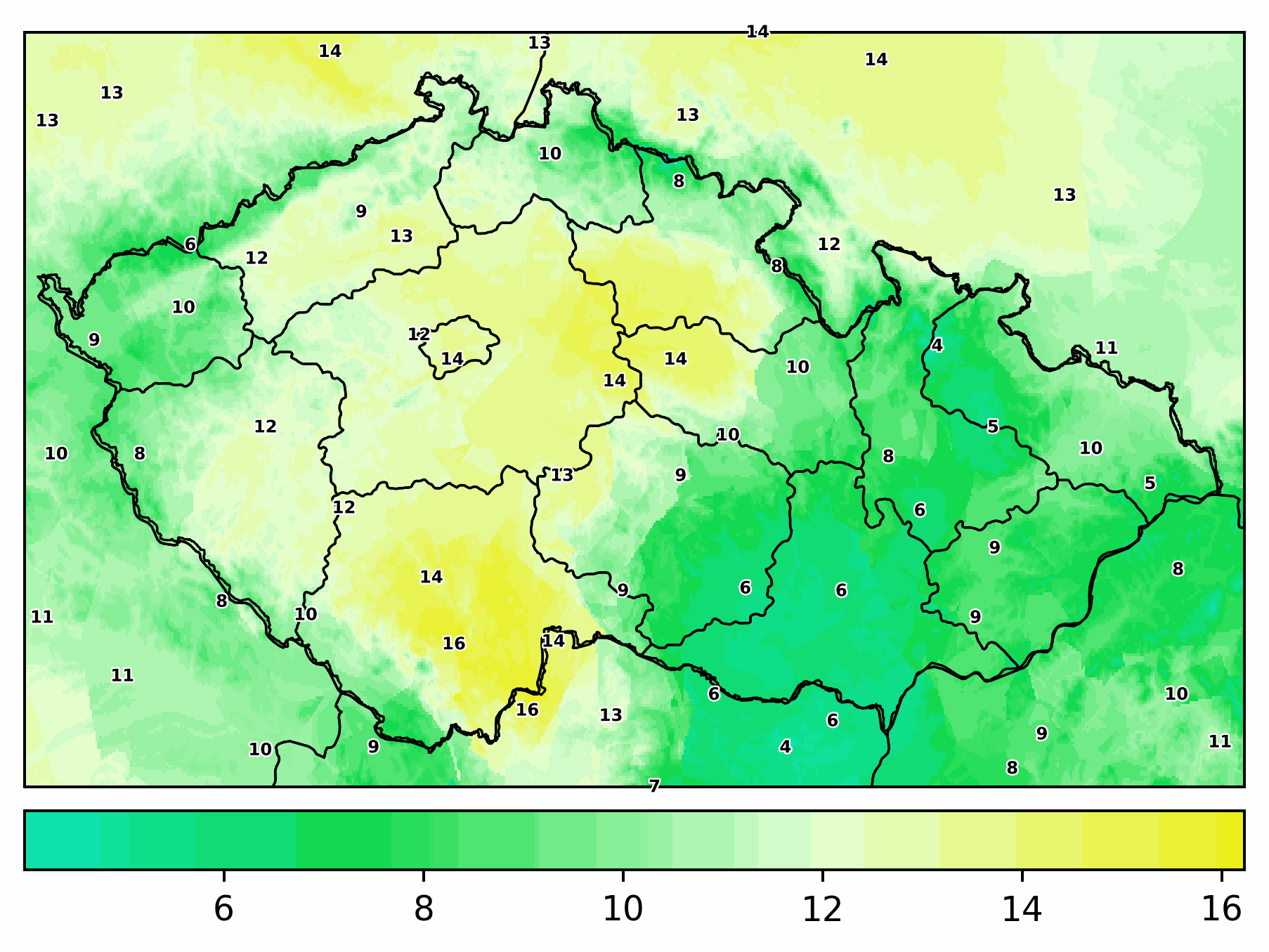 Obr. 1: Teplota v Česku 9.prosince v úterý ve 13 hodin. Zdroj: Meteocentrum.cz