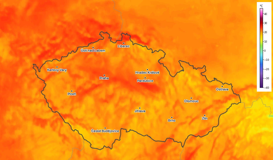 Obr. 1: Teplota v době při sobotním východu slunce v Česku. Zdroj: Aladin/Meteocentrum