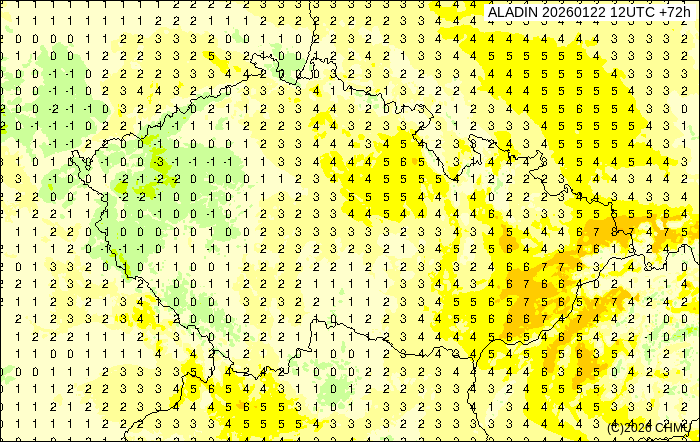 Obr. 3: Teplota ve 2 m nad zemí v neděli kolem poledne. Zdroj: Aladin