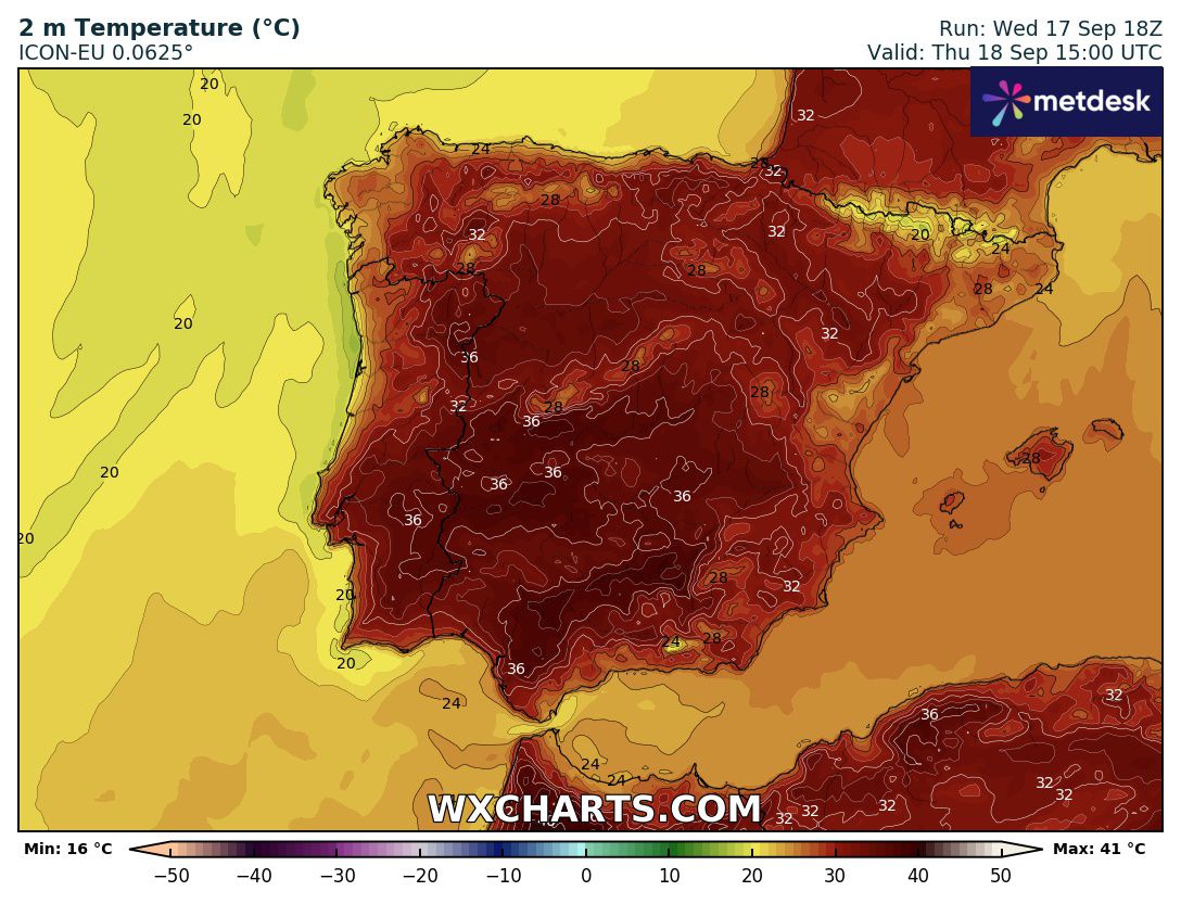 Obr. 2: Teplota ve 2m nad oblastí pyrenejského poloostrova ve čtvrtek odpoledne. Zdroj: WXcharts.com