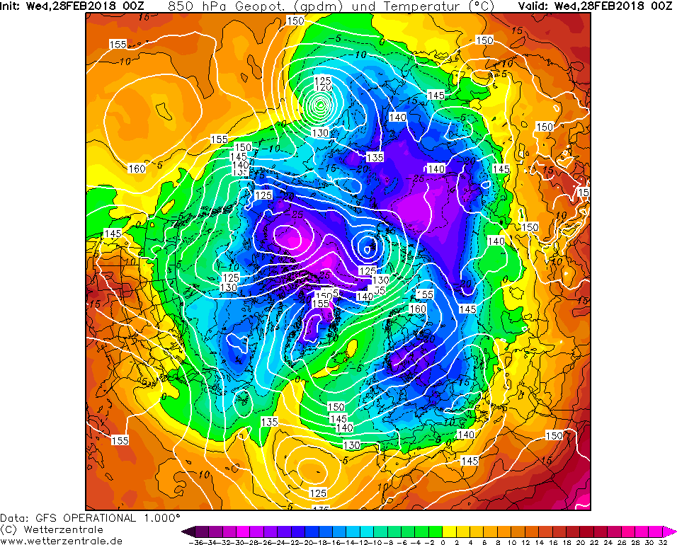 Obr. 2: Teplota ve výšce 850 hpa (cca 1500 m n.m.) na konci února 2018, kdy došlo k rozpadu polárního víru. Zdroj: Wetterzentrale.de
