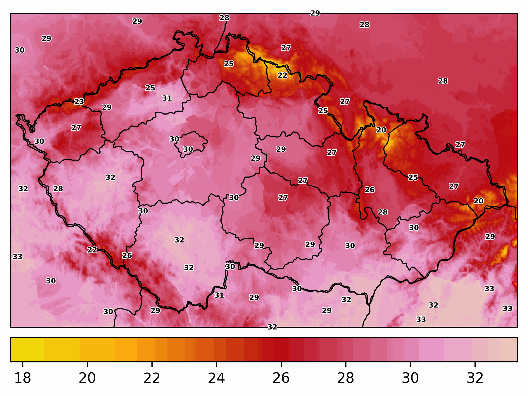 Obr. 1: Teplotní mapa Česka během sobotní 16 hodiny. Zdroj: Meteocentrum.cz