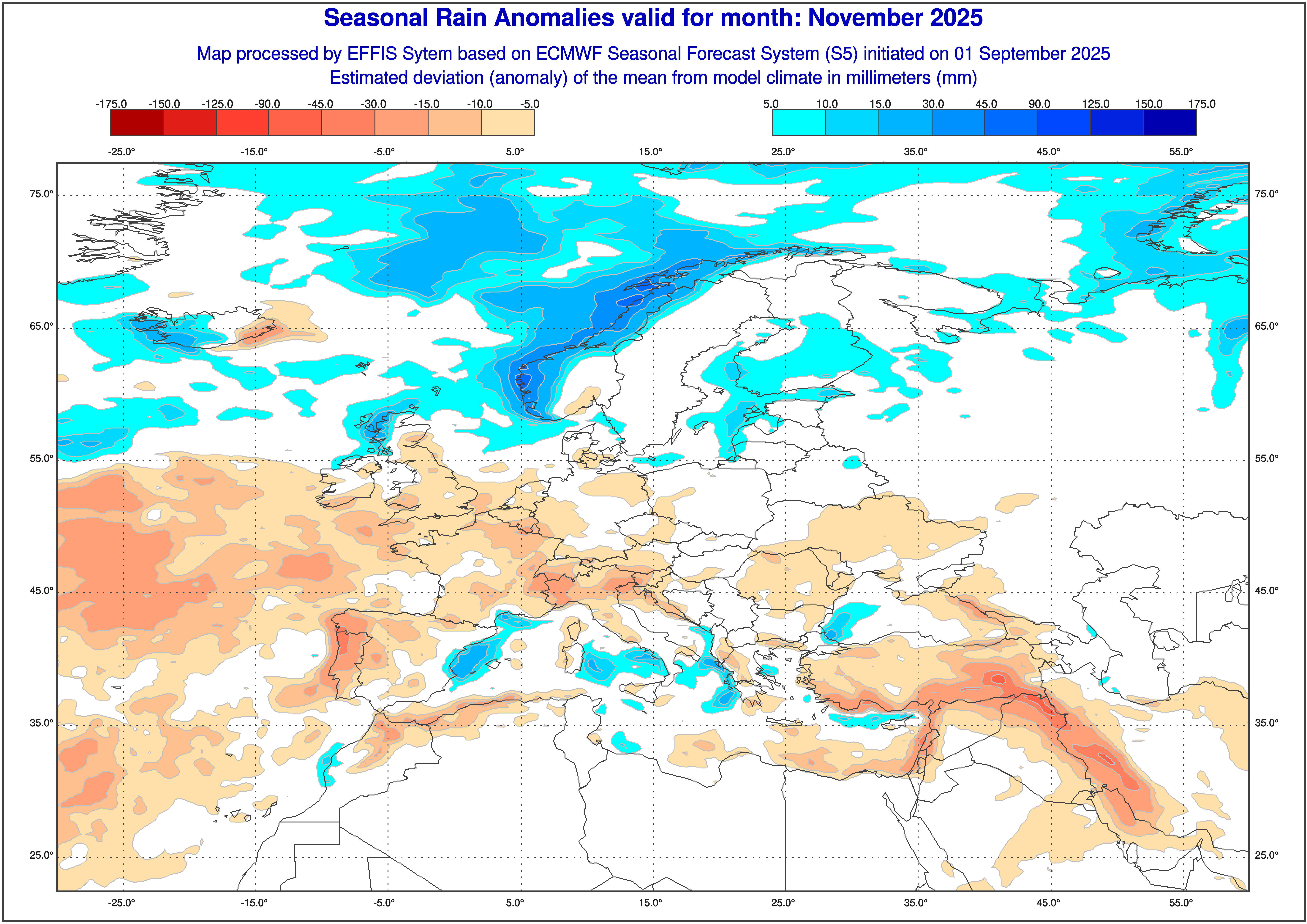 Obr. 2: Výhled odchylky množství srážek nad Evropou v listopadu. Zdroj: Copernicus