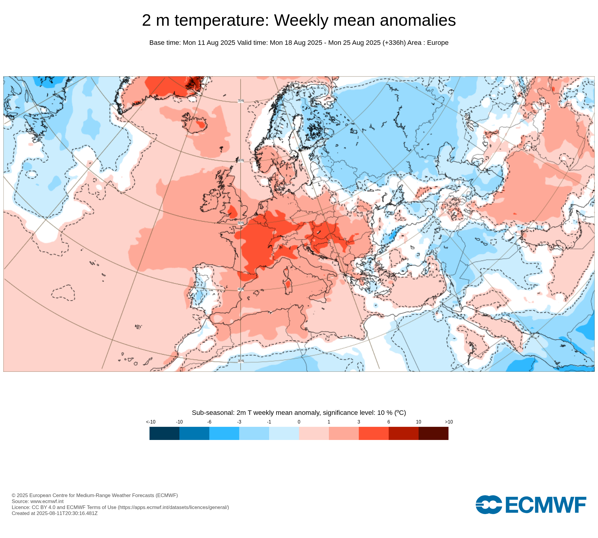 Obr. 1: Výhled odchylky teploty ve 2 m na období od 18.8. do 25.8. Zdroj: ECMWF
