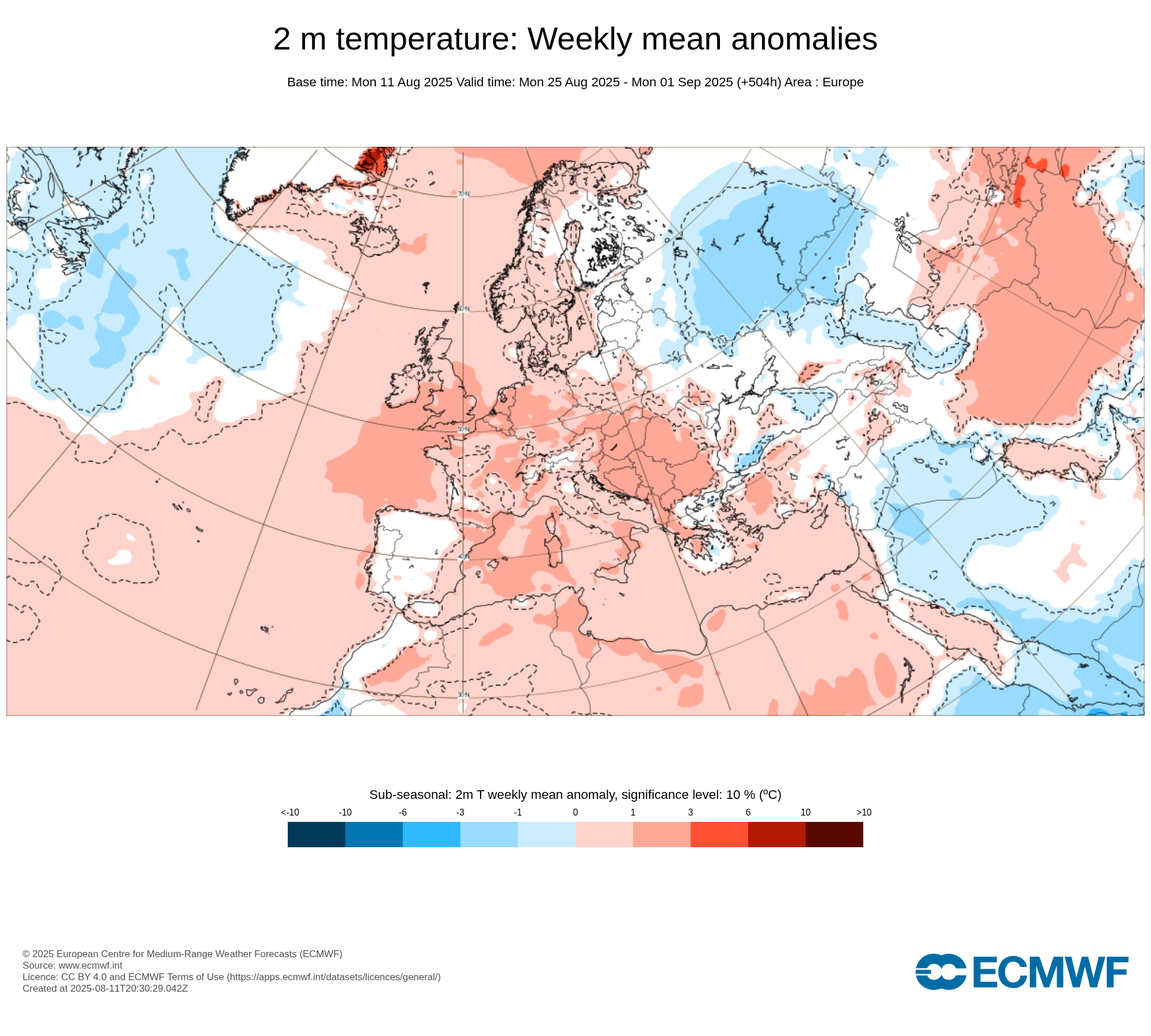 Obr. 2: Výhled odchylky teploty ve 2 m na období od 25.8. do 1.9. Zdroj: ECMWF