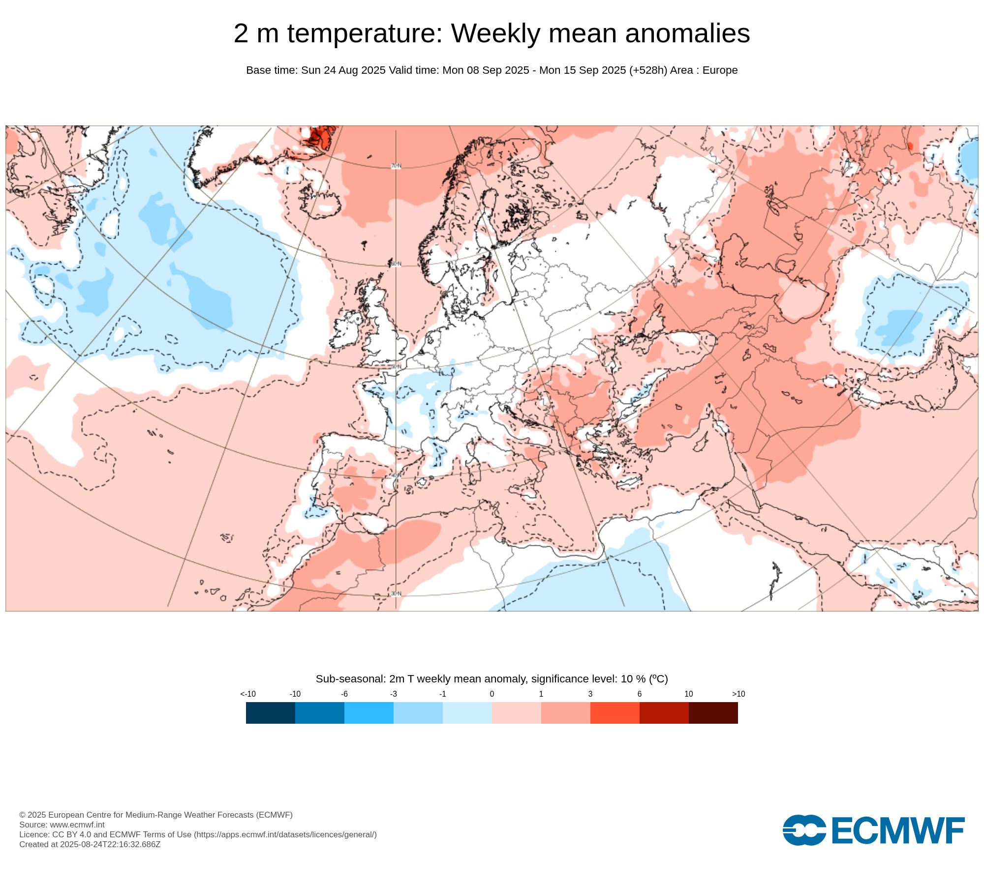 Obr. 2: Výhled odchylky teploty ve 2 m na období od 8.9. do 15.9. Zdroj: ECMWF
