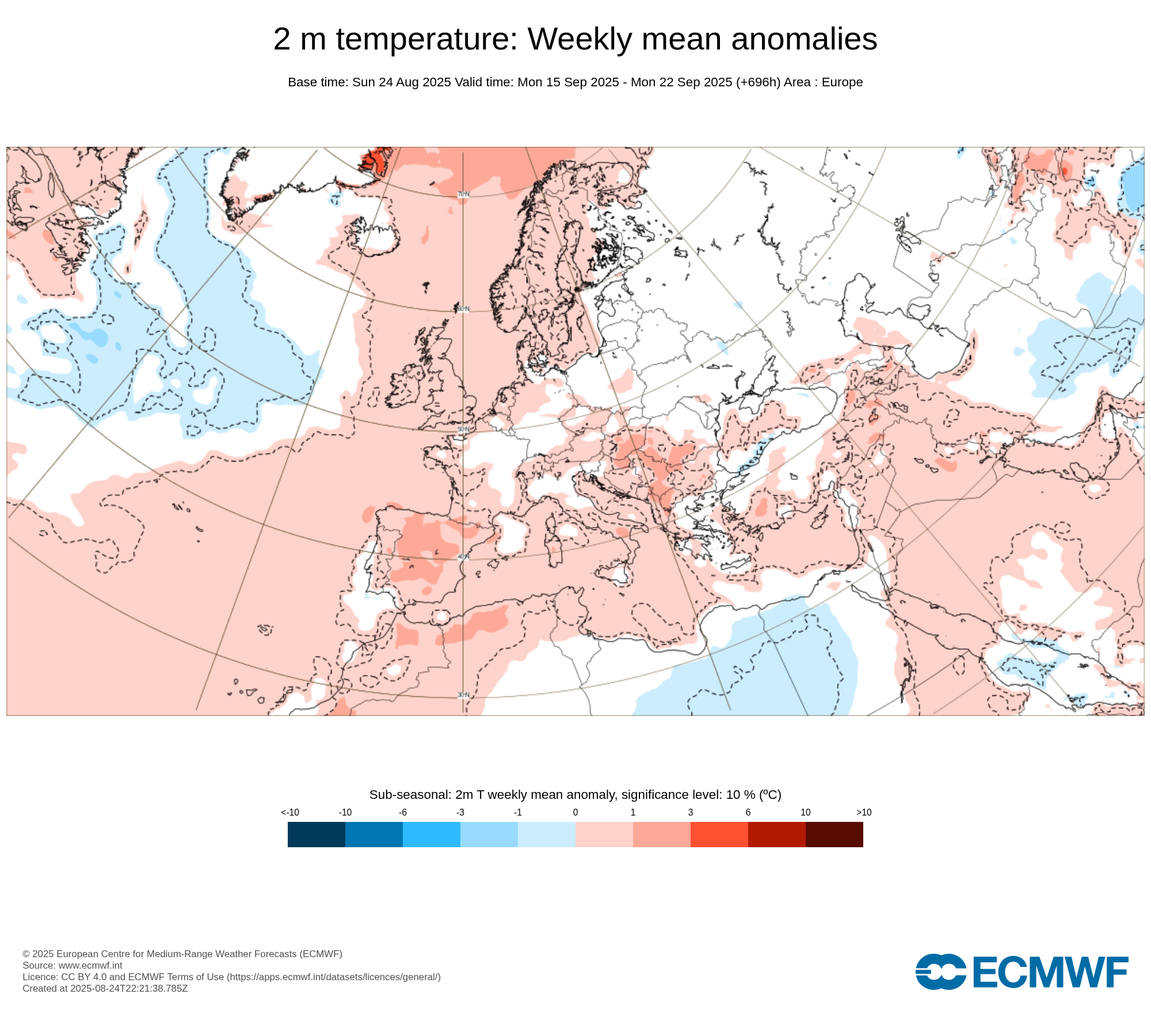 Obr. 3: Výhled odchylky teploty ve 2 m na období od 8.9. do 15.9. Zdroj: ECMWF