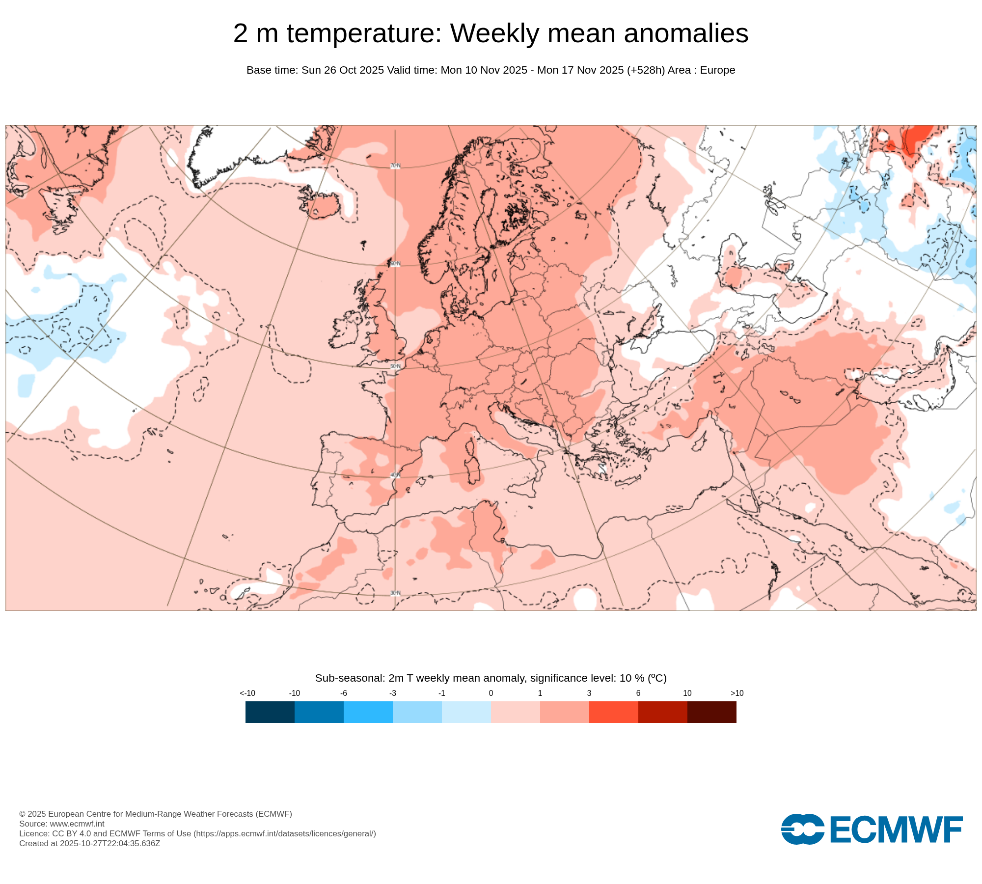 Obr. 2: Výhled odchylky teploty ve 2 m na období od 10.11. do 17.11. Zdroj: ECMWF