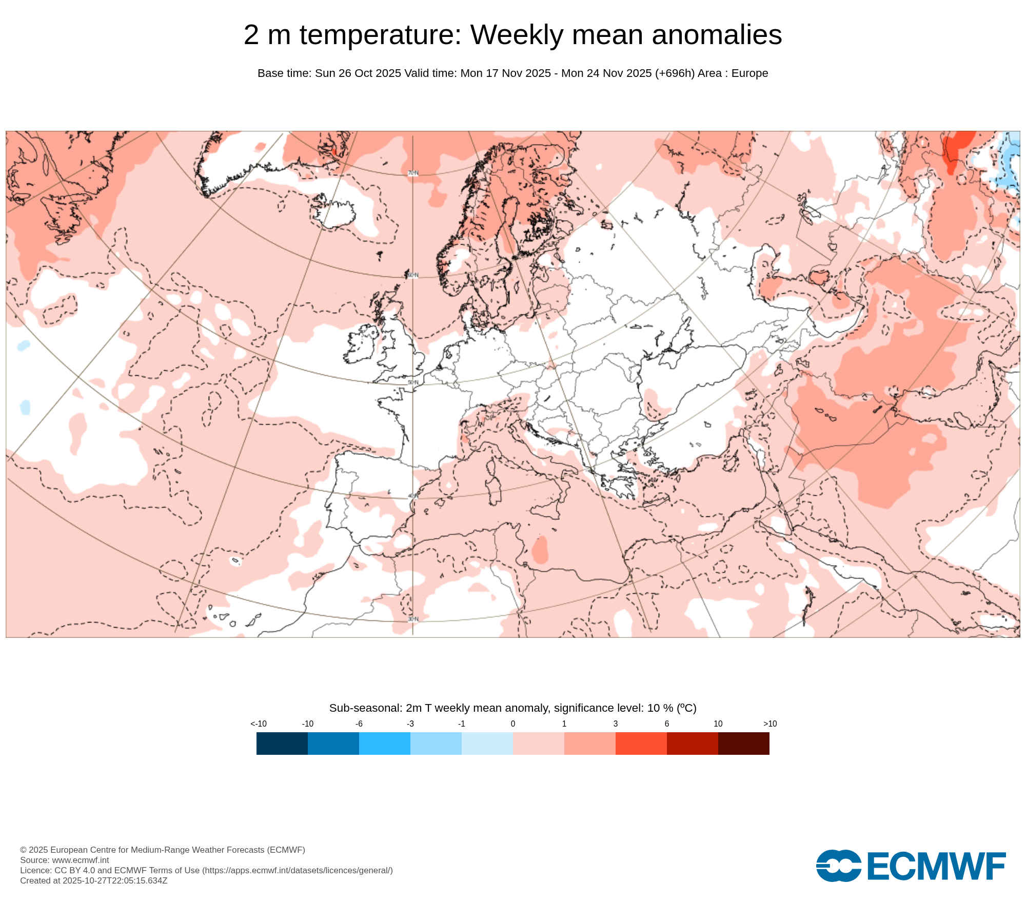 Obr. 3: Výhled odchylky teploty ve 2 m na období od 17.11. do 24.11. Zdroj: ECMWF