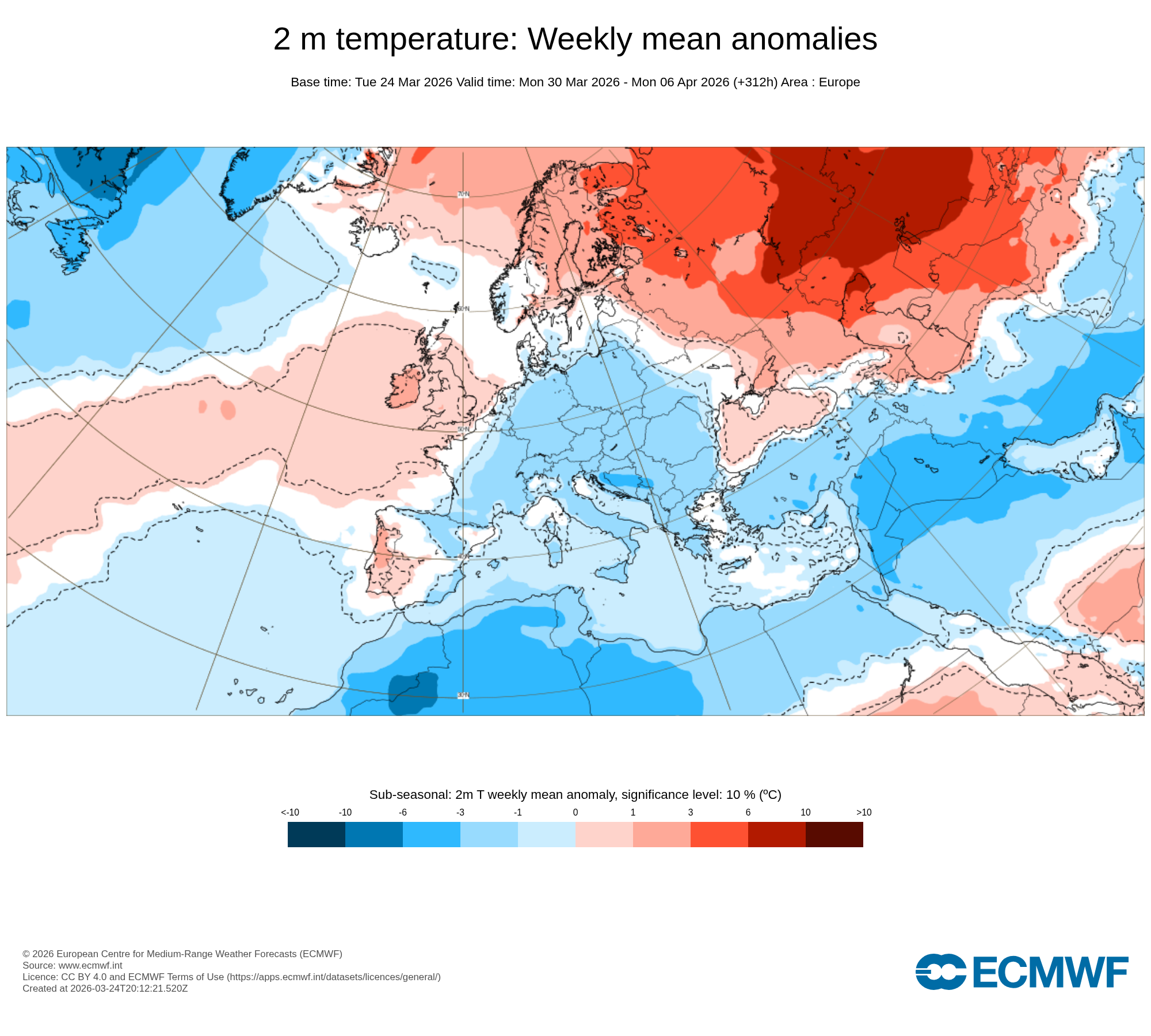 Obr. 1: Výhled odchylky teploty ve 2 m na období od 30.3. do 6.4. Zdroj: ECMWF