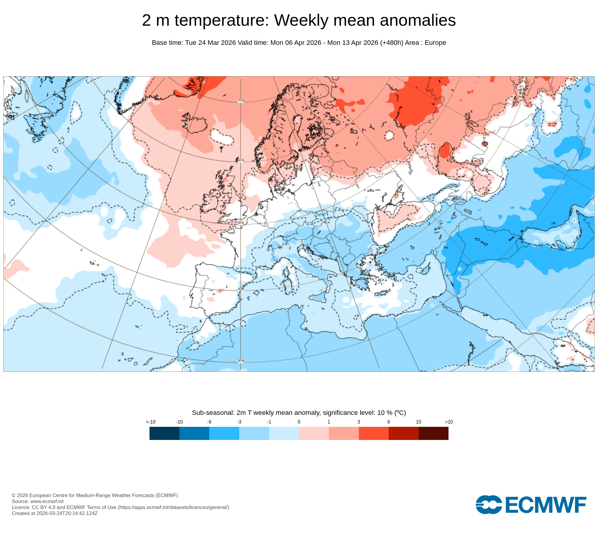 Obr. 2: Výhled odchylky teploty ve 2 m na období od 6.4. do 13.4. Zdroj: ECMWF