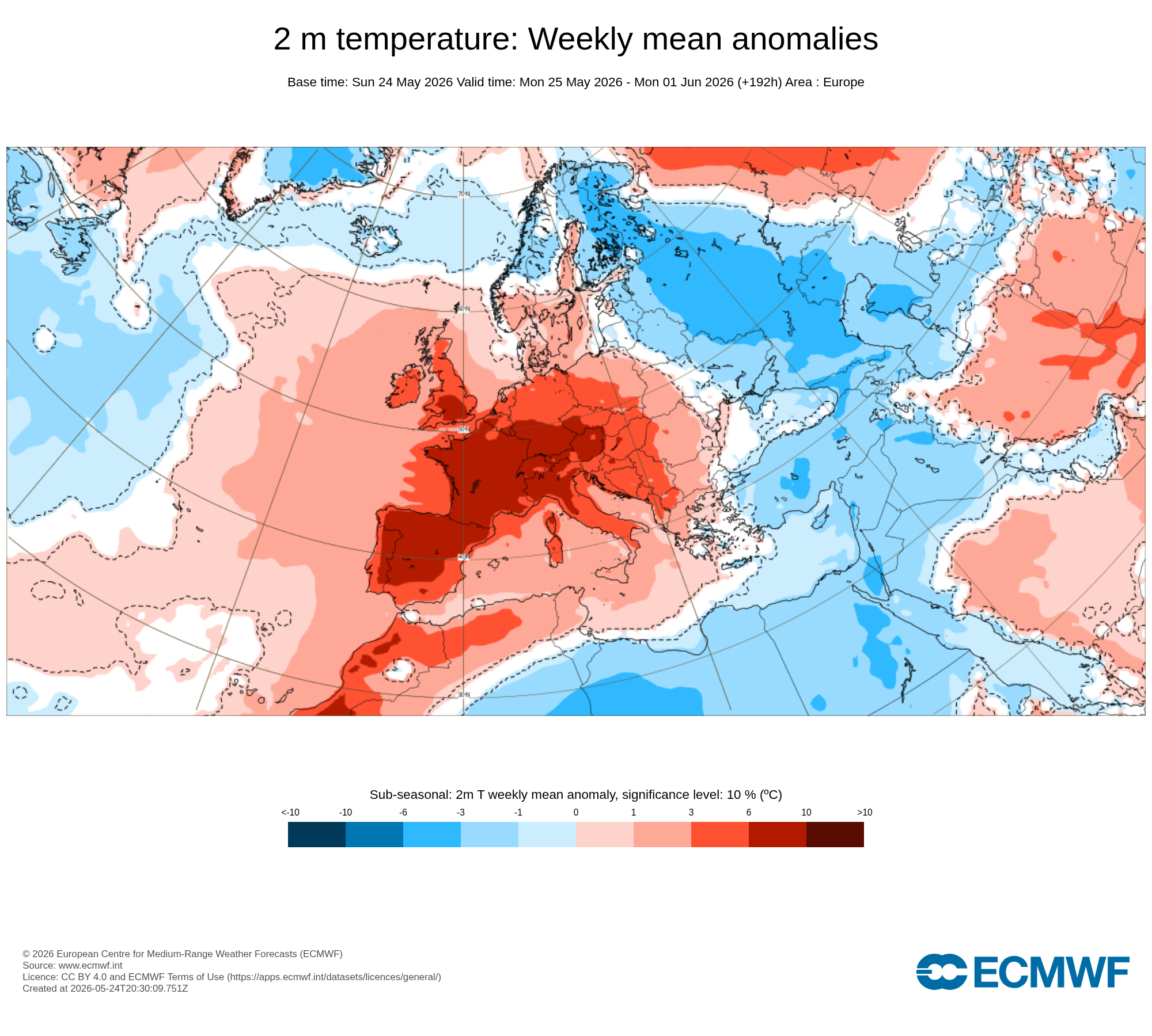 Obr. 1: Výhled odchylky teploty ve 2 m na období od 25.5. do 1.6. Zdroj: ECMWF