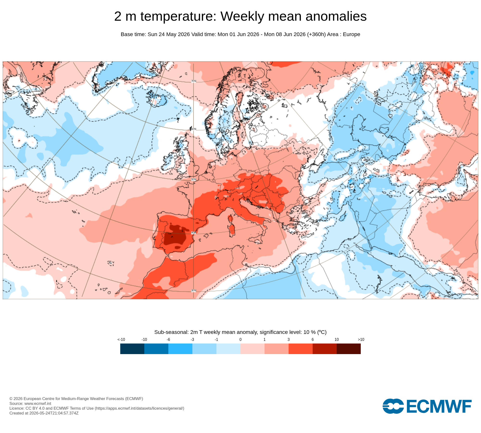 Obr. 2: Výhled odchylky teploty ve 2 m na období od 1.6. do 8.6. Zdroj: ECMWF
