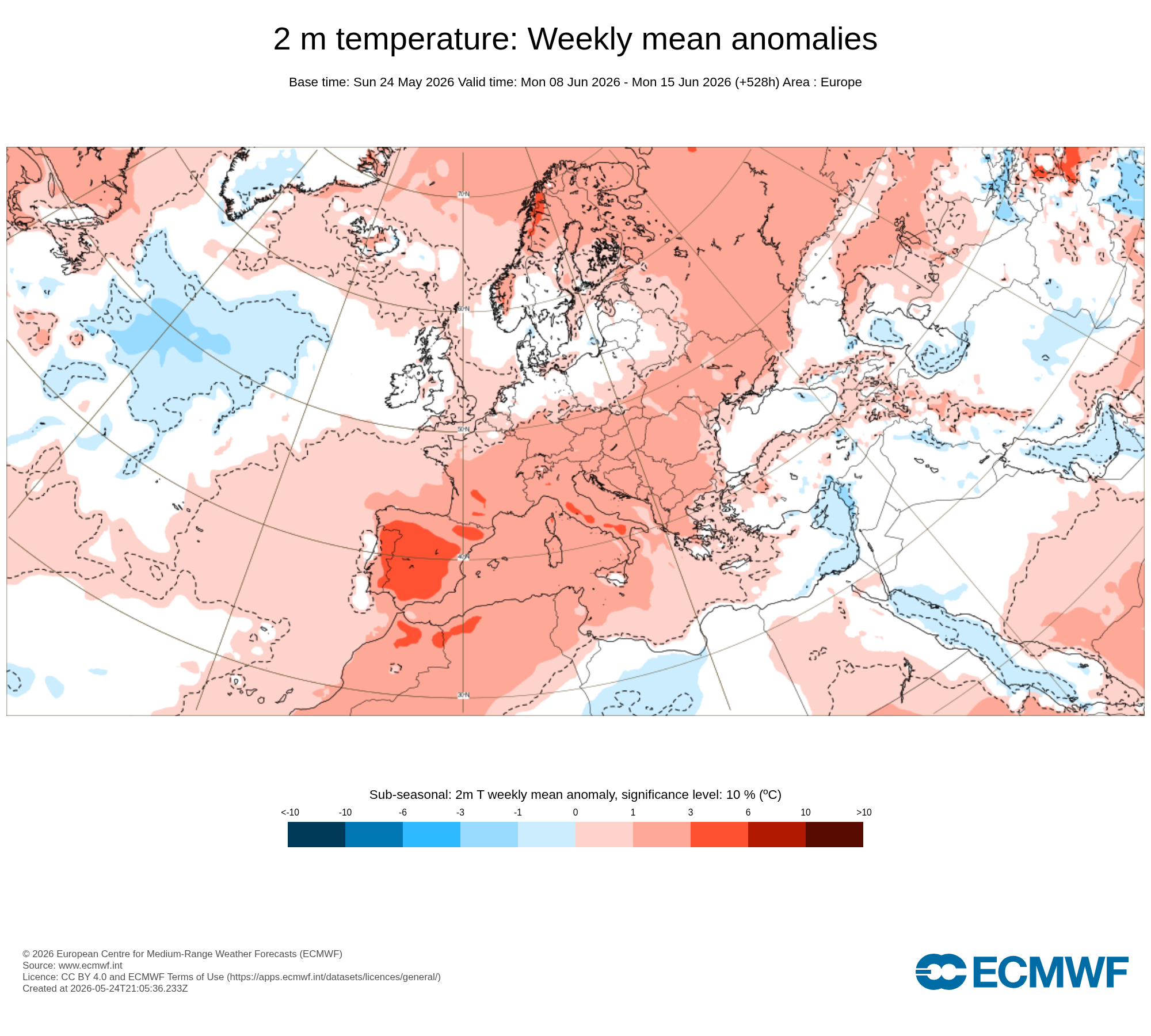 Obr. 3: Výhled odchylky teploty ve 2 m na období od 8.6. do 15.6. Zdroj: ECMWF